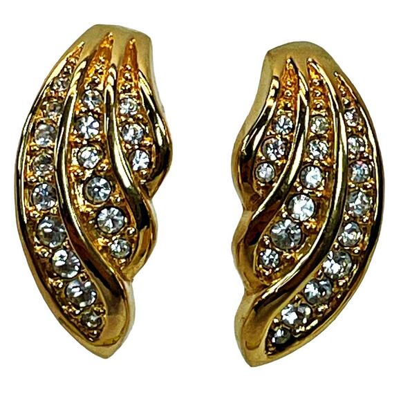 SAL Wing Feather Swarovski Rhinestone Gold-Tone Clip on Earrings 3/4" Pageant - Picture 1 of 3